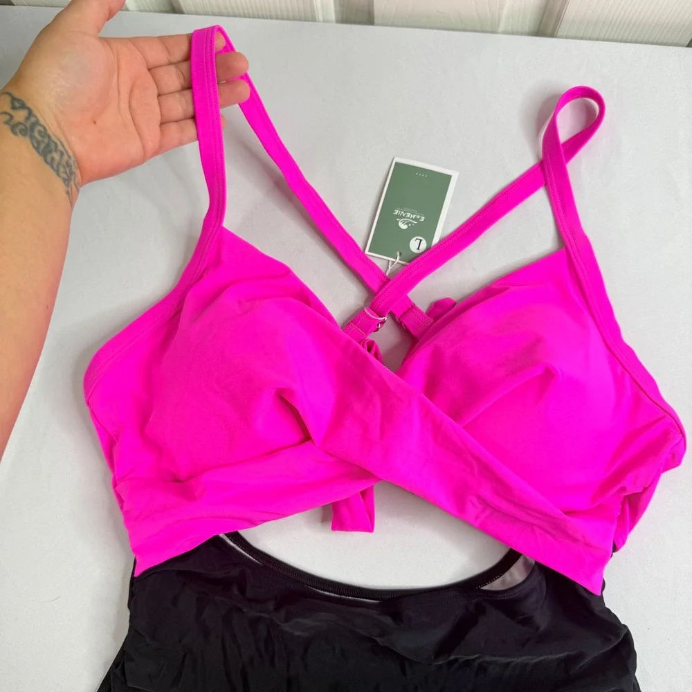 Tummy Control Slimming Pink and Black Cutout One Piece Swimsuit Ruched Large NWT
